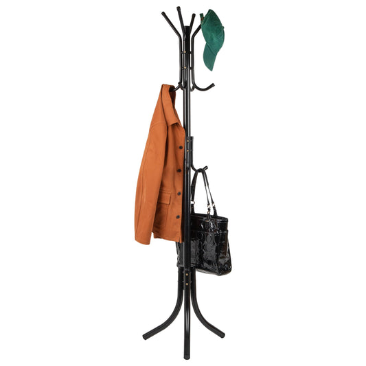 Mind Reader Coat Rack, Hall Tree, Freestanding Organizer, Coat Tree, Hat, Jacket, Purse, Metal, 18"L x 18"W x 68.5"H, Black, 11