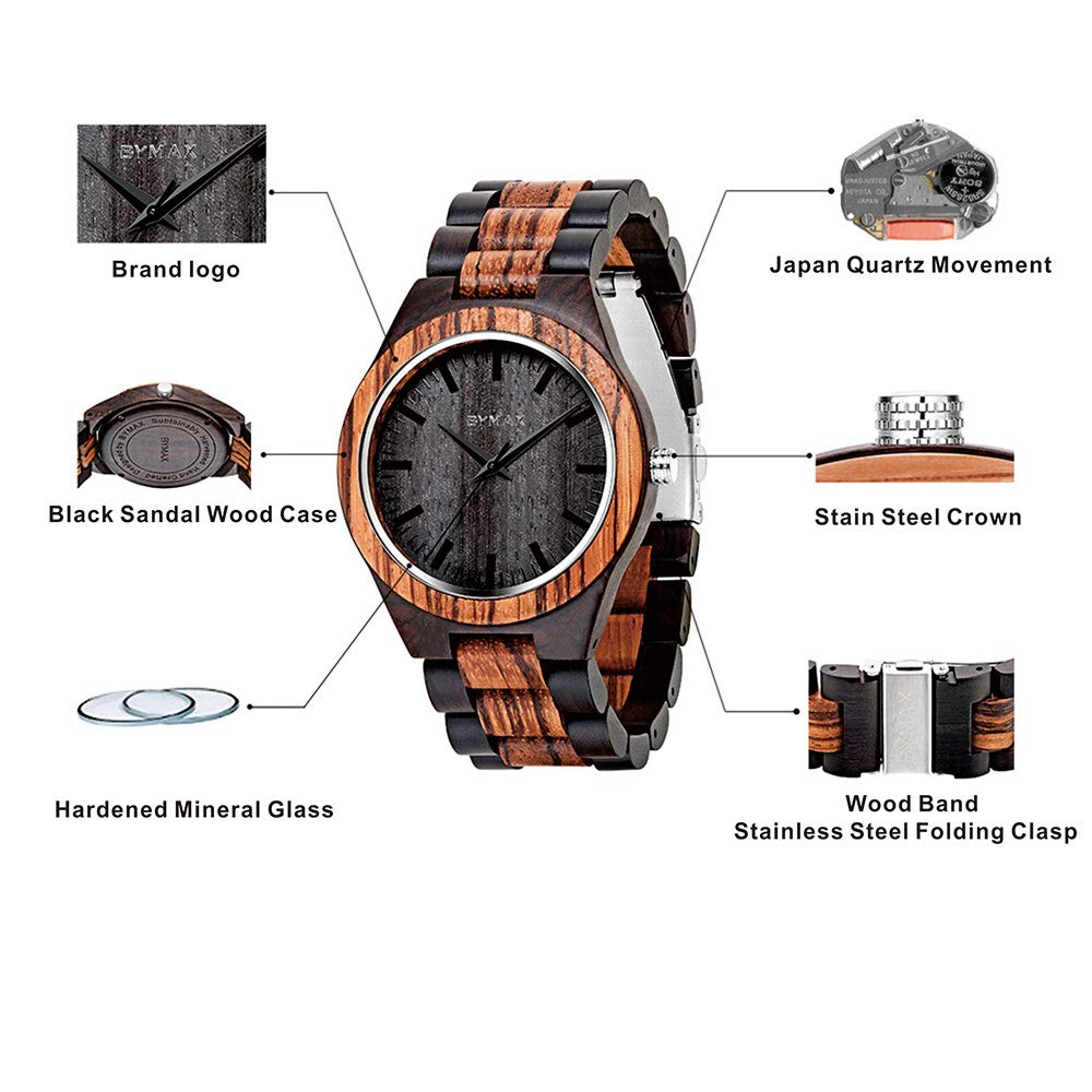 BYMAX Men Wood Watch Quartz, Fashion Handmade Wooden Wrist Watches Mens, Zebra Black BYMAX