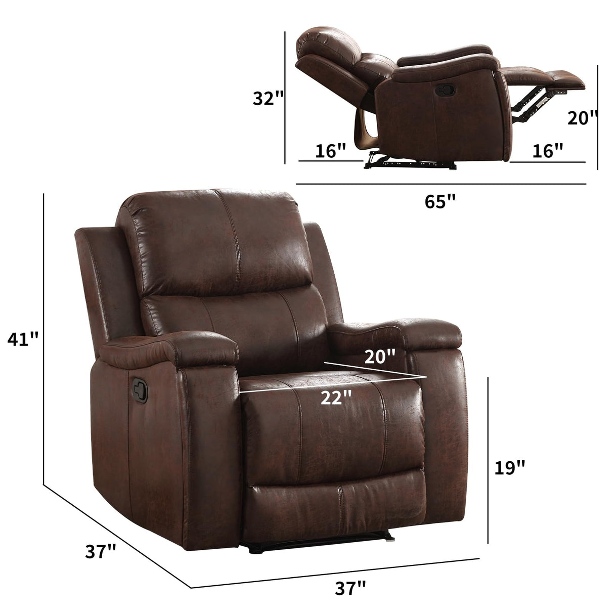 CANMOV Leather Recliner Chair Set of 2, Classic and Traditional Manual Recliner Chair with Overstuffed Arms and Back, Manual Single Sofa with Concealed Cup Holders,Red Brown CANMOV
