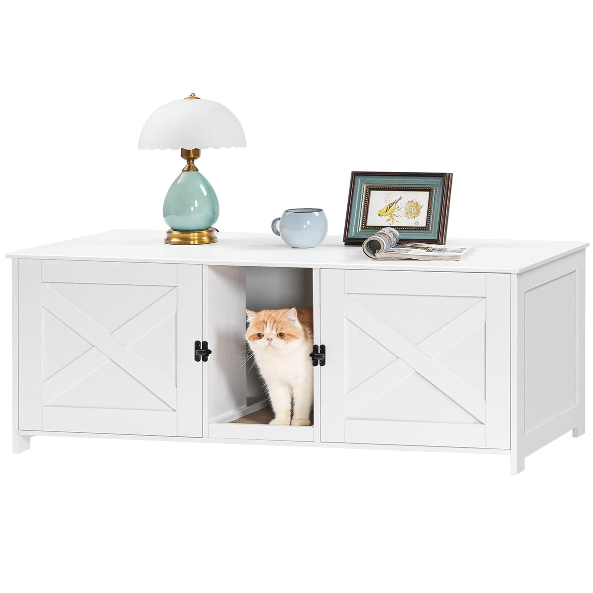 MAHANCRIS Cat Litter Box Enclosure for 2 Cats, 47.2" Hidden Cat Litter Box Furniture with Double Room, Wooden Cat Washroom with Scratching Board, Indoor Cat House End Table, White CWWT1201 MAHANCRIS