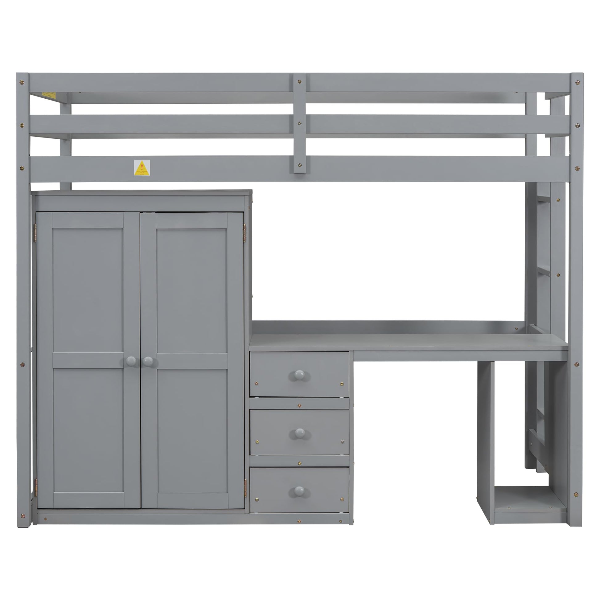 Wood Twin Loft Bed with Desk, Wardrobe, and Storage Drawers in Gray - WoodArtSupply