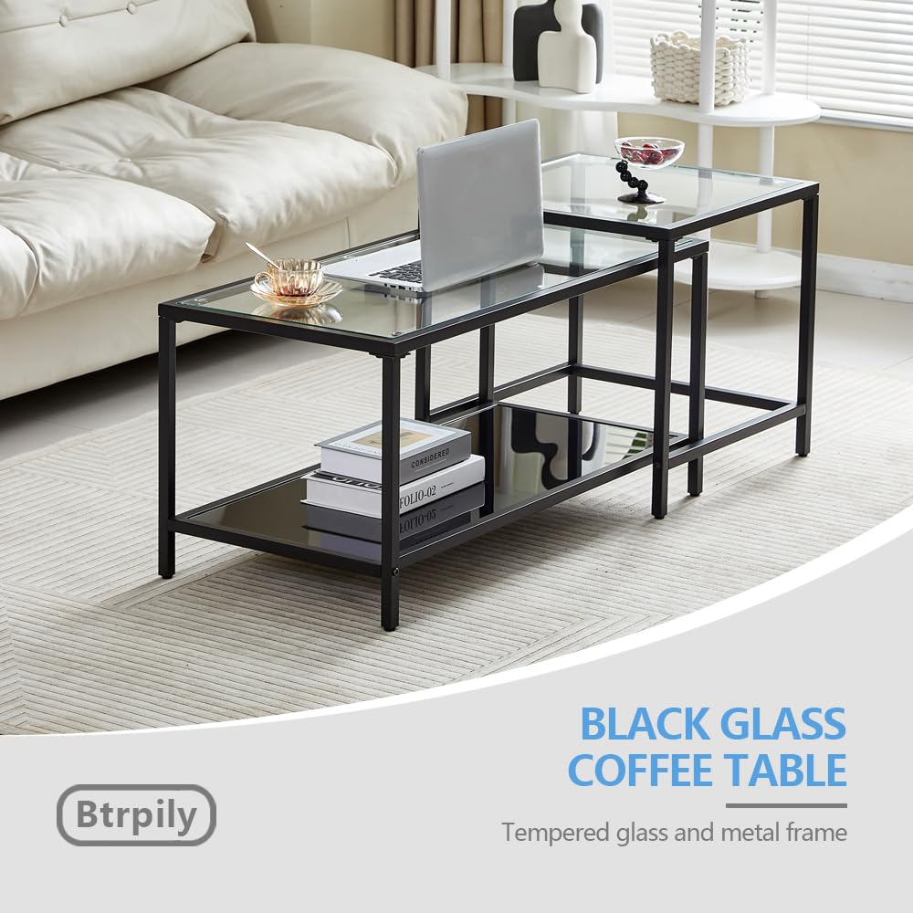 Coffee Table Nesting Set of 2, Center Coffee Table Set with Tempered Glass, Modern Side Tables for Living Room, Bedroom, Office and Nightstand, Black Btrpily