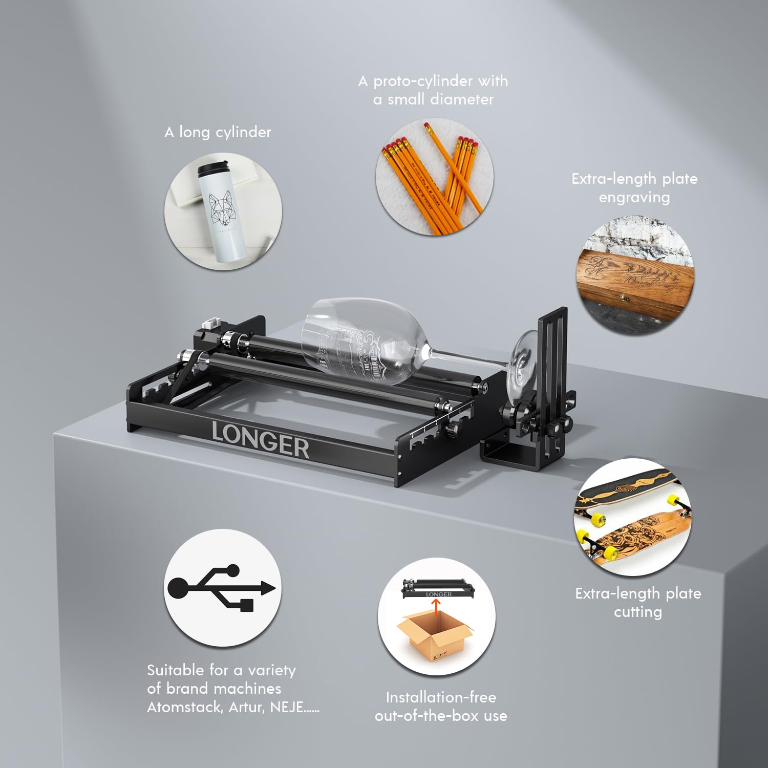 Longer Ray5, B1 and Most Laser engravers, Y-axis Rotating Drum Engraving Module for Engraving Cylindrical Objects, Wine Glasses, Glasses - WoodArtSupply