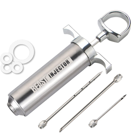 Grill Beast - 304 Stainless Steel Meat Injector Kit with 2-oz Large Capacity Barrel and 3 Professional Marinade Needles Grill Beast