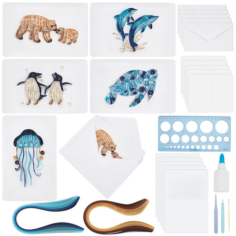 WEBEEDY 20 Sets Paper Quilling Kit for Adult DIY Sea Animals Themes Greeting Card Making Kit with Instruction 5 Styles Animal Polar Bear,Sea Turtle,Whale,Penguin,Jellyfish Cards for Birthday Christmas WEBEEDY