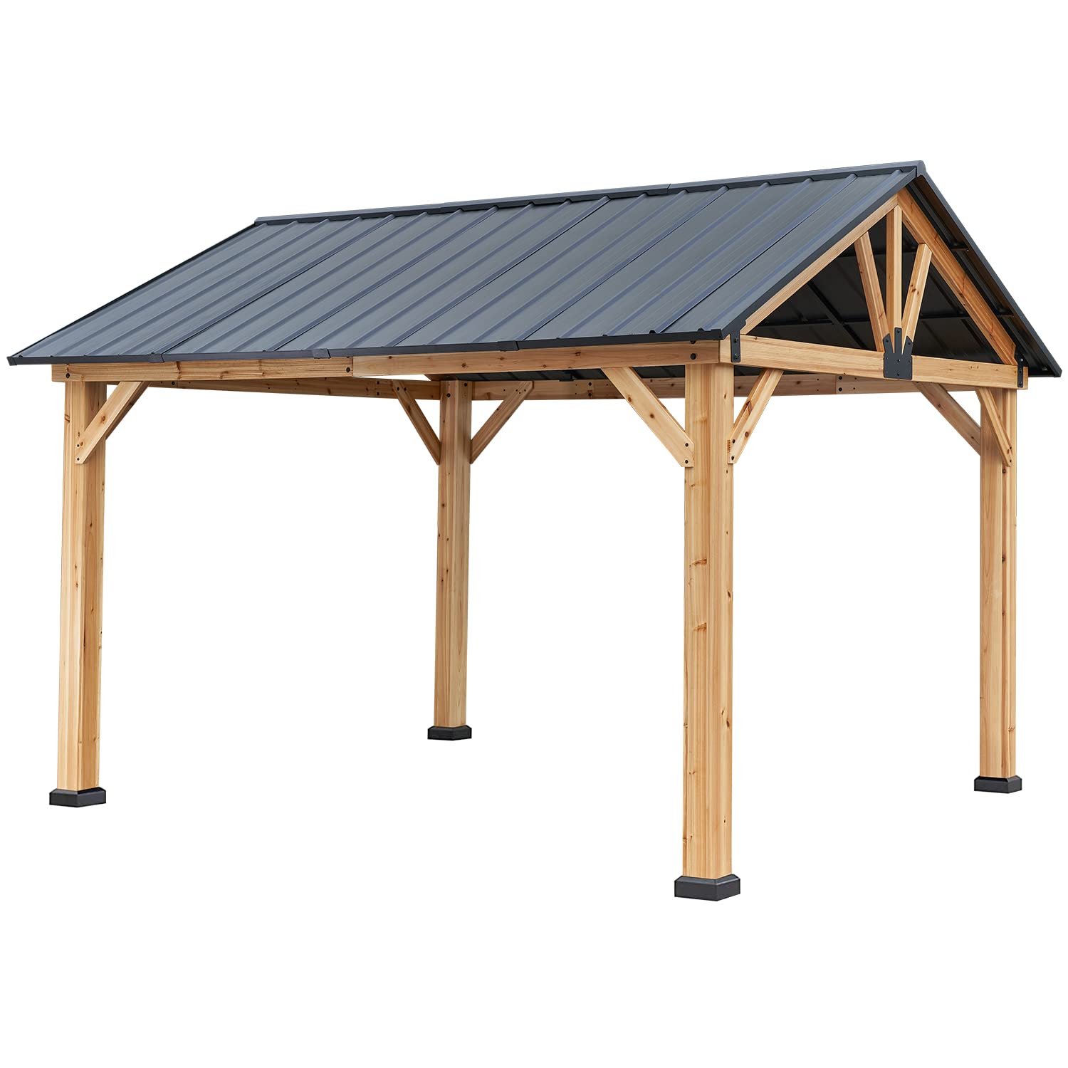 YOLENY 11' x 13' Wood Gazebo Outdoor Gazebo Spruce Wood Framed Gazebo with Black Steel Hardtop Roof for Garden, Patio, Lawns, Parties - WoodArtSupply