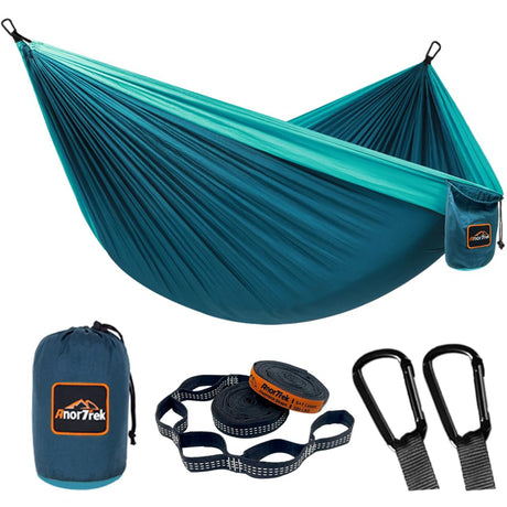 AnorTrek Camping Hammock, Super Lightweight Portable Parachute Hammock with Two Tree Straps Single or Double Nylon Travel Tree Hammocks for Camping Backpacking Hiking Blue&Dark Blue AnorTrek