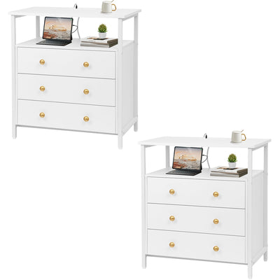 Edbuosy 3-Tier Wooden Drawer Nightstand, 27 inch Wide Night Stand Set 2 with Charging Station and Adjustable Drawers, Nightstand for Living Room/Bedroom, White.