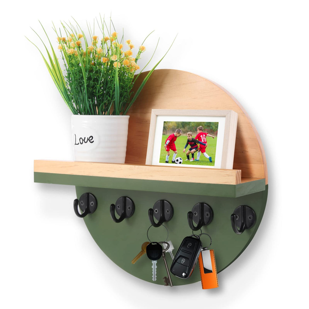 CRAKTH Key and Mail Holder for Wall Decorative, Wooden Boho Key Hanger with Shelf, Unique Two-Tone Circular Design Entryway Key Rack - Brown & Green CRAKTH