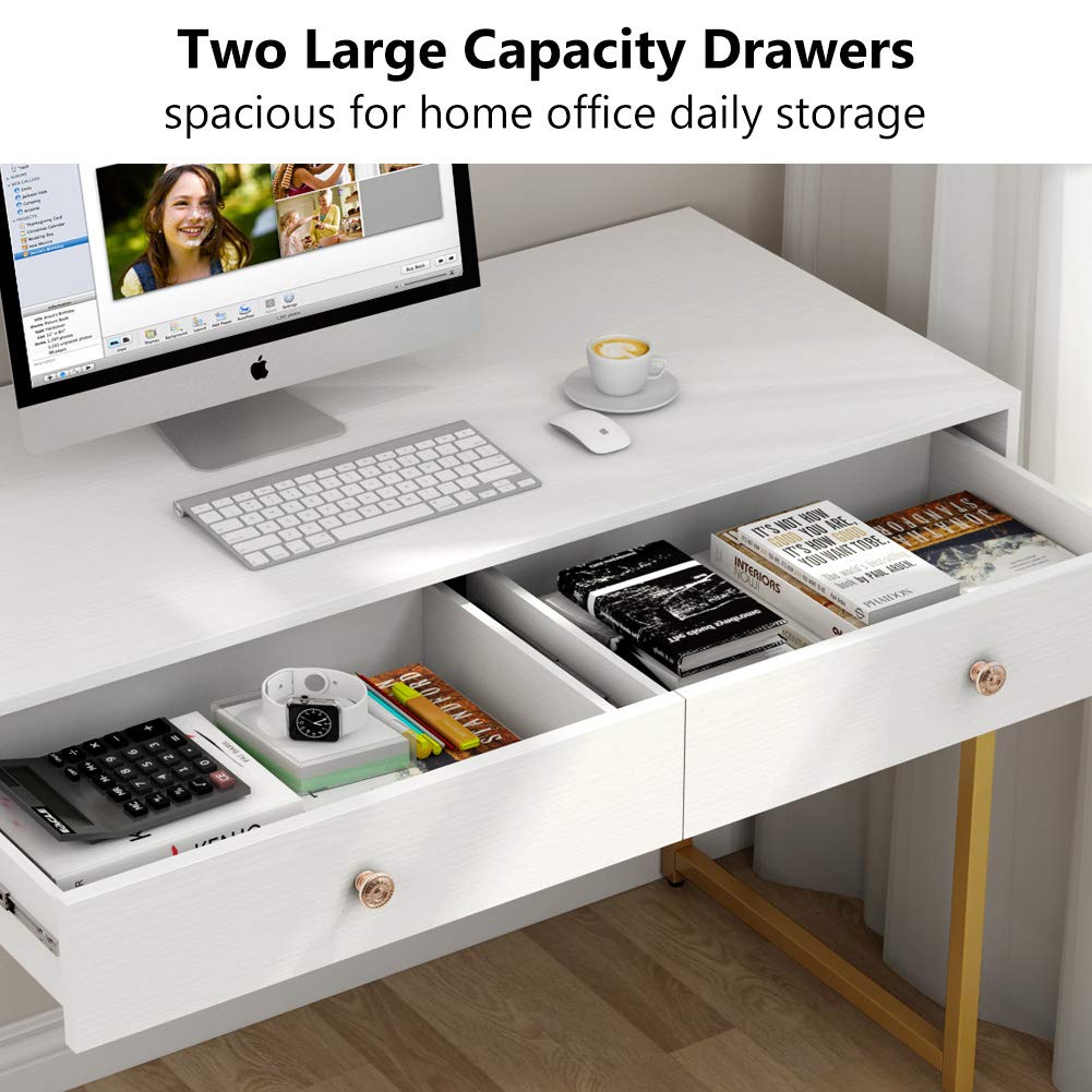 Tribesigns Computer Desk, Modern Simple 47 inch Home Office Desk Study Table Writing Desk with 2 Storage Drawers, Makeup Vanity Console Table, White and Gold - WoodArtSupply