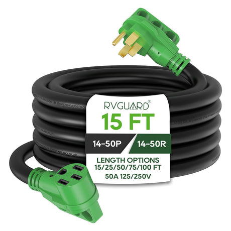 RVGUARD 50 Amp 15 Foot RV/EV Extension Cord, NEMA 14-50P/R Heavy Duty Extension Cord with LED Power Indicator and Cord Organizer, Green, ETL Listed RVGUARD