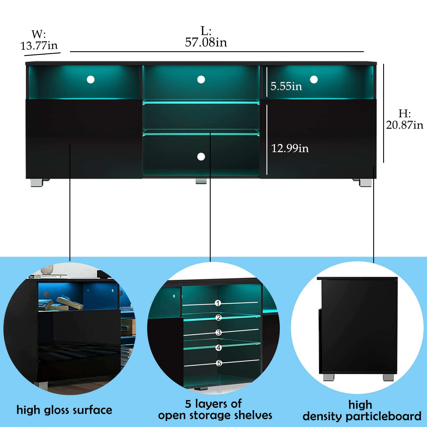 High Glossy LED Black TV Stand for 55/60/65 inch TV,Modern LED Entertainment Center with Adjustable Storage Shelves,Game Console Entertainment Center,TV Table Media Furniture (57inch, Black) - WoodArtSupply