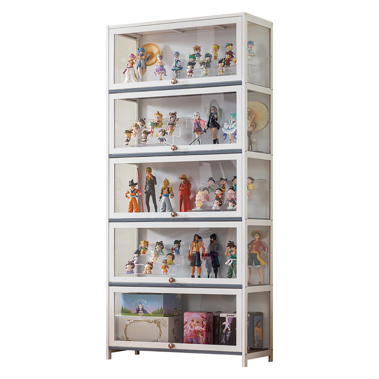 White Wooden Display Cabinet with Acrylic Doors, 5-Tier Bamboo Display Cases for Figurine, Curio Cabinet Toy Organizers Rack & Display Shelf for Home Office, Playroom, Living Room, Bedroom, 65in Generic