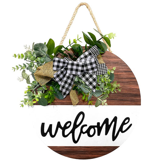 Welcome Sign for Front Door, Front Door Decor for Farmhouse Porch, Rustic Welcome Wreaths with Stapled Greenery, Round Wooden Hanging Sign Housewarming Gift for Home Outdoor Indoor…