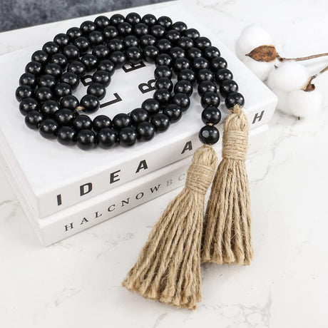 Sivya 58in Farmhouse Beads Wood Bead Garland with Tassels, Rustic Farmhouse Decor for Farmhouse Tiered Tray Farmhouse Wall Decor (Black, 58in/1Pcs) Sivya