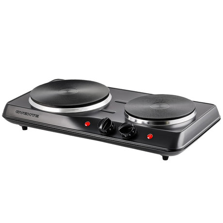 OVENTE Electric Countertop Double Burner, 1700W Cooktop with 7.25" and 6.10" Cast Iron Hot Plates, Temperature Control, Portable Cooking Stove and Easy to Clean Stainless Steel Base, Black BGS102B OVENTE