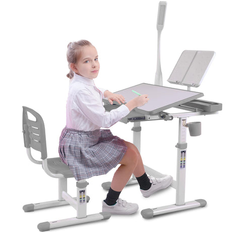 Napfox Desk for Kids Desk and Chair Set Kids Art Desk Drafting Table Desk Set with Adjustable Height, 40-Degree Tiltable Children Desktop, LED Light,Bookstand,Grey Napfox