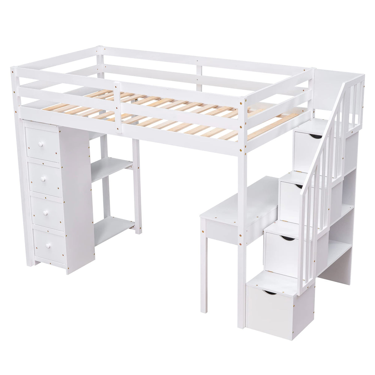 Merax Loft Bed Twin with Desk and Storage Stairs, Space-Saving Wood Bed Frame with Drawers and Shelves, for Teens Adults (White) Merax