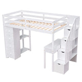 Merax Loft Bed Twin with Desk and Storage Stairs, Space-Saving Wood Bed Frame with Drawers and Shelves, for Teens Adults (White) Merax