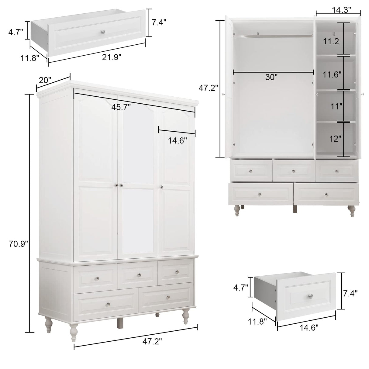 Homsee Wardrobe Armoire Wooden Closet with Mirror, 3 Doors, 5 Drawers, 4-Tier Storage Cubes and Hanging Rod for Bedroom, White (47.2”L x 20”W x 70.9”H) Homsee