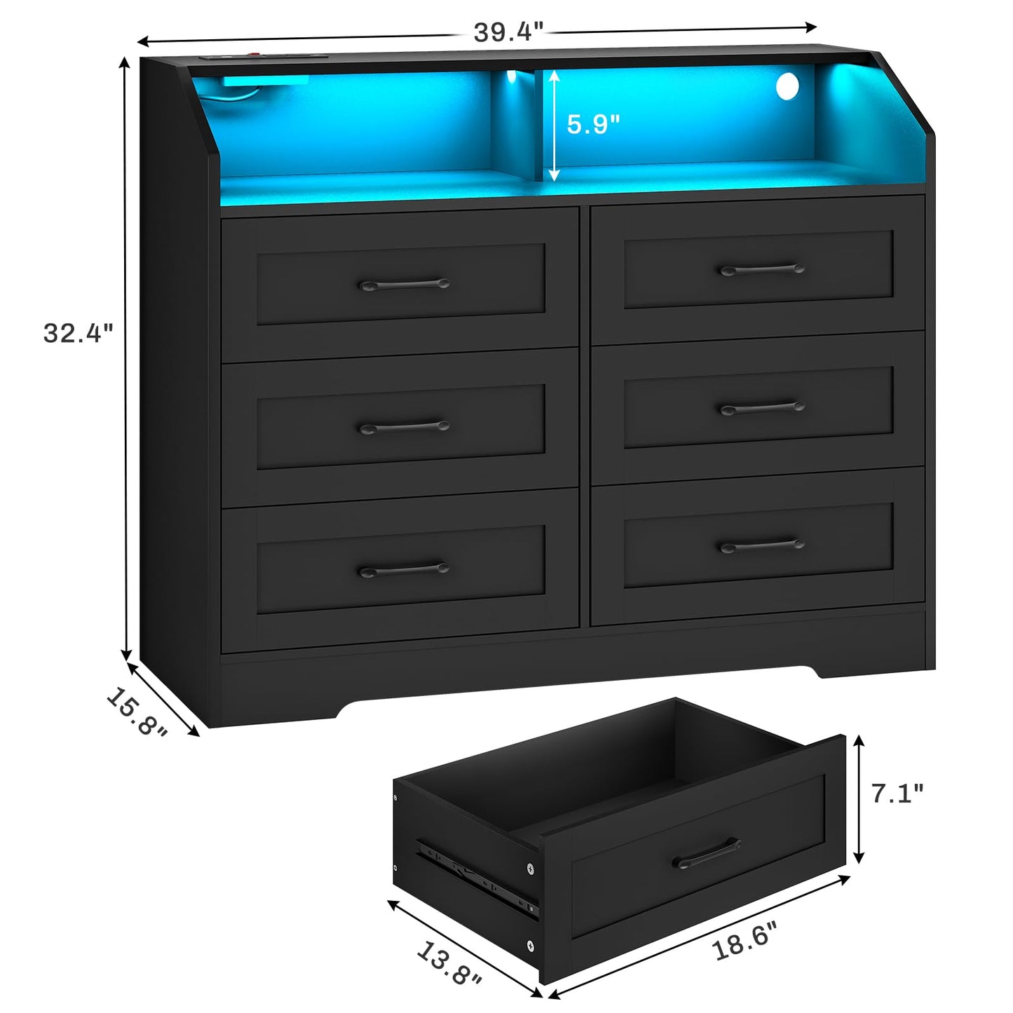 DICTAC LED Dresser for Bedroom, 6 Drawer Dresser with Charging Station, Chest of Drawers with Storage Cubby, Storage Organizer Unit for Bedroom, Closet, Living Room, Black - WoodArtSupply