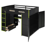 SOFTSEA Full Size Gaming Loft Bed with Desk, Wood Loft Bunk Bed with Wardrobe, Drawers, LED Light & USB Ports, Full Gaming Bed with Desk Underneath and Storage, Green & Black SOFTSEA