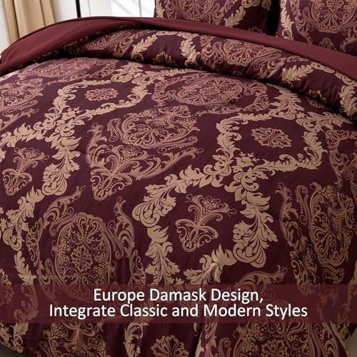 WONGS BEDDING Burgundy Comforter Set Queen Size, Maroon Damask Texture 7 Pieces Bed in a Bag Microfiber Comforter Bedding Sets -1 Comforter, 1 Flat Sheet, 1 Fitted Sheet, 2 Pillow Shams, 2 Pillowcases WONGS BEDDING