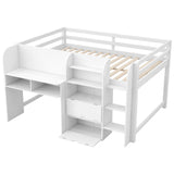 SOFTSEA Full Size Low Loft Bed with Desk & Storage, Solid Wood Loft Bed with Drop-Down Cabinets, Open Shelves & Whiteboard for Kids Juniors Boys Girls, White SOFTSEA