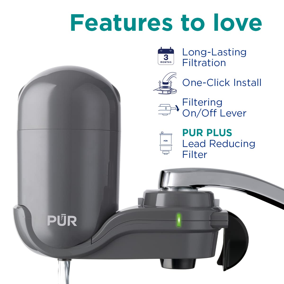 PUR PLUS Vertical Faucet Mount Water Filtration System with 3-in-1 Lead Reducing Filter for Great-Tasting Filtered Tap Water, Lasts 100 Gallons, Fits Most Kitchen or Bathroom Faucets, Grey PUR