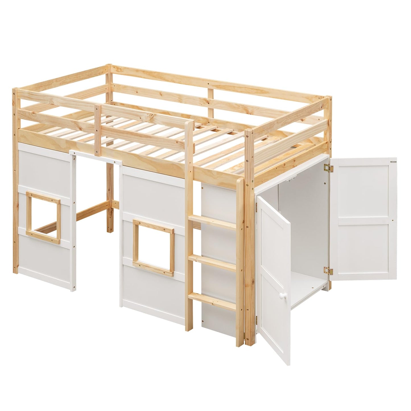 Harper & Bright Designs Twin Size Loft Bed with Storage Wardrobe, Playhouse Design, Guardrail & Ladder in Natural & White - WoodArtSupply