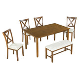 6 Pieces Dining Table Set, Wood Rectangle Table and 4 Chairs with Bench with Cushion, Kitchen Table Chairs Set for 6 Persons, Rustic Style Dining Room Set - Natural Cherry Merax