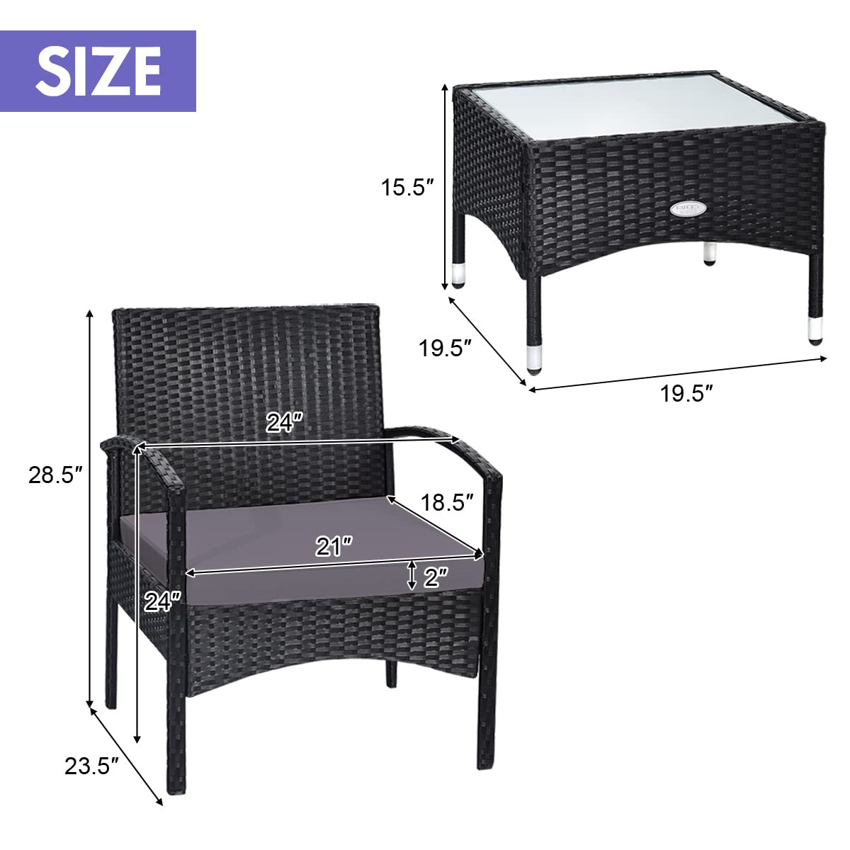 COSTWAY 3 PCS Patio Wicker Conversation Set, PE Rattan Sofa with Tempered Glass Coffee Table, 2 Chairs, 2 Cushions, Outdoor Patio Furniture Set for Yard Porch Bistro Balcony Backyard Pool, Grey COSTWAY