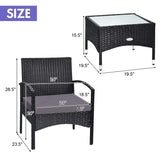 COSTWAY 3 PCS Patio Wicker Conversation Set, PE Rattan Sofa with Tempered Glass Coffee Table, 2 Chairs, 2 Cushions, Outdoor Patio Furniture Set for Yard Porch Bistro Balcony Backyard Pool, Grey COSTWAY