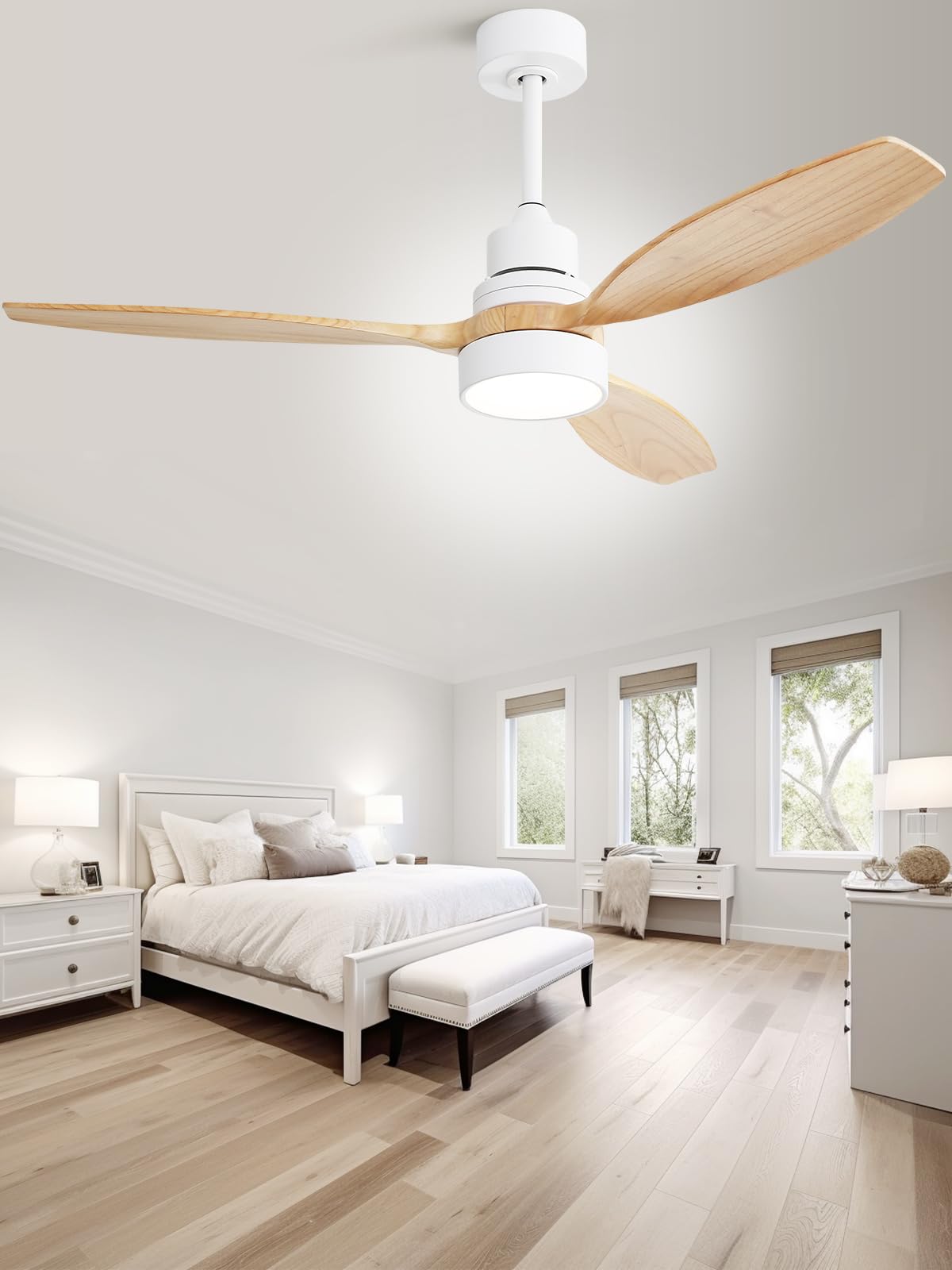Sofucor 52 Inch Ceiling Fan with Lights and Remote Control, Indoor Outdoor Mordern Wood Ceiling Fan with Reversible Quiet DC Motor, 6 Speed, 3 White Downrods, for Farmhouse Bedroom Patio Balcony Sofucor
