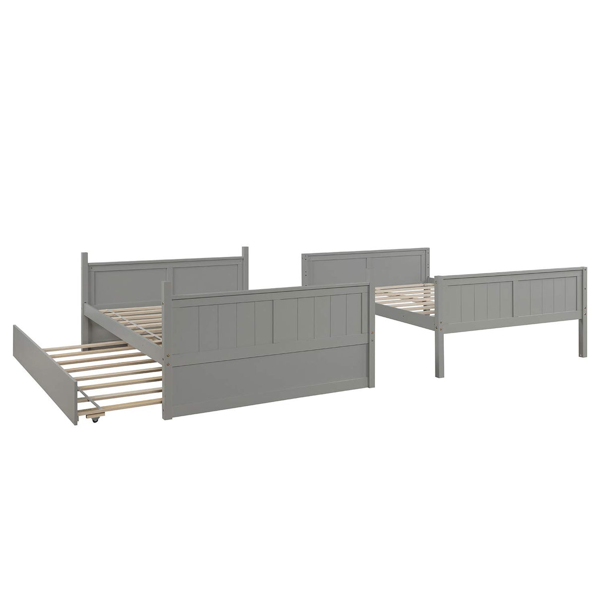 KLMM Full Over Full Bunk Bed with Trundle, Solid Wood Bunk Bed with Ladder and Safety Guard Rail, Can Accommodate 5 Person, Apply to Bedroom/Dormitory (Gray) KLMM