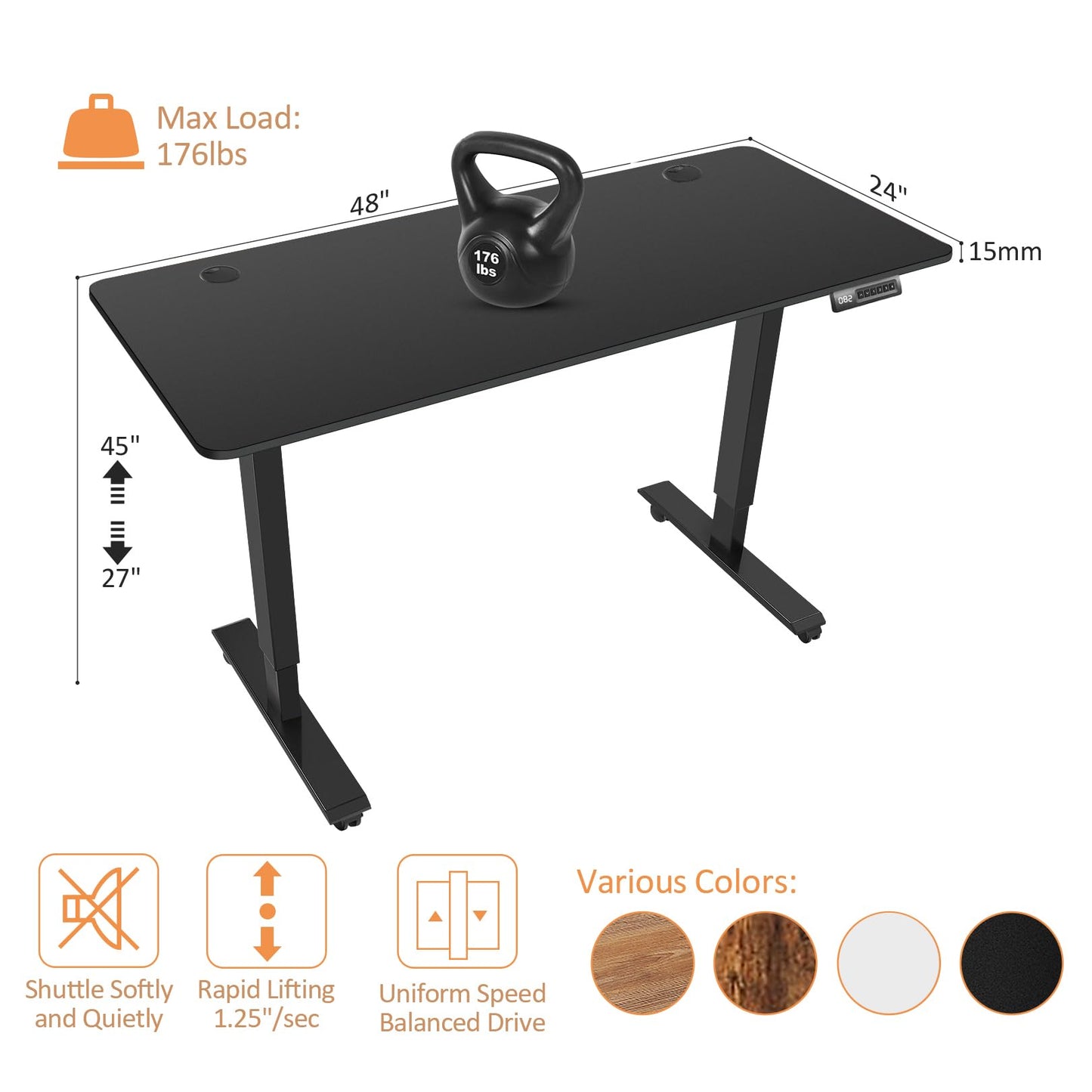 KORGOL Electric Standing Desk 48 x 24 Inches Adjustable Height Sit Stand Up Desk for Home Office Computer Desk Memory Preset with Headphone Hook and Black Frame/Black Top - WoodArtSupply