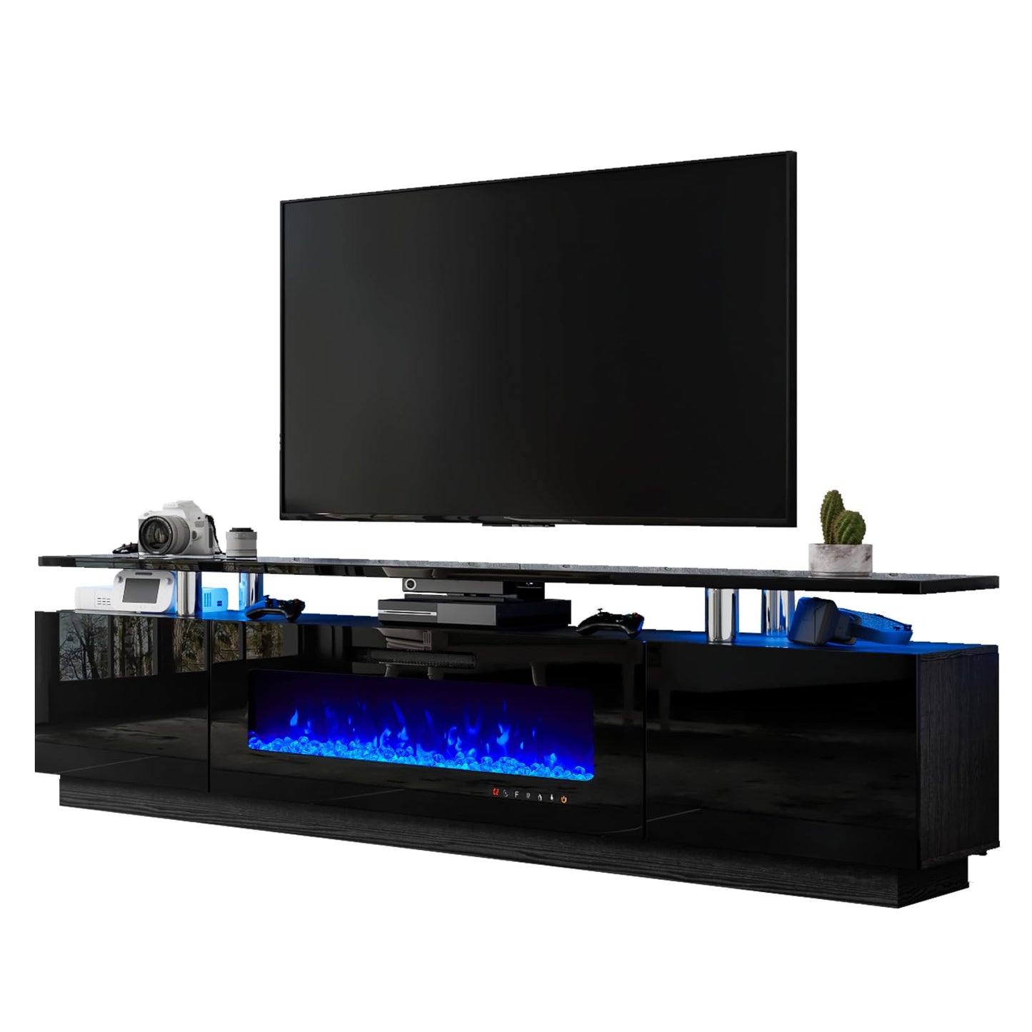 LUXOAK 80" Fireplace TV Stand, Modern High Gloss Finish Media Console with 40" Electric Fireplace, Open Storage Entertainment Center for TVs Up to 90" with LED Lights, Black