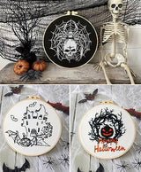Armindou Halloween Embroidery Starter Kits for Beginners Adults, Stamped Cross Stitch Kit for Adult Beginner, Needlepoint Hand Embroidery Kit with Pattern, 3 Embroidery Hoop, 3 Set Embroidery Supplies