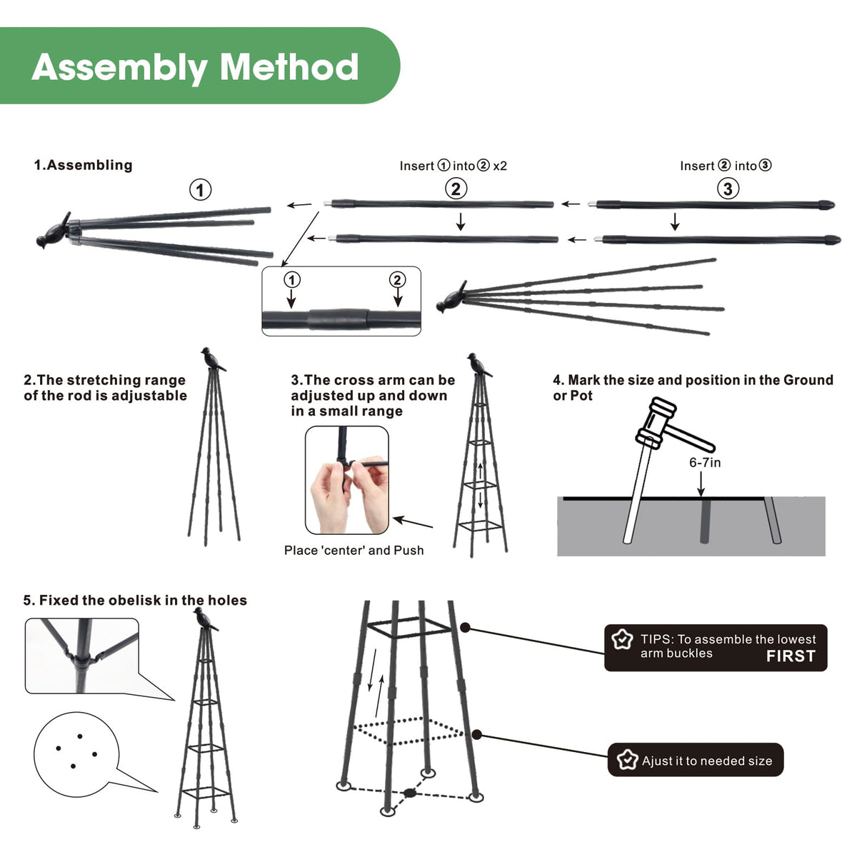 MQHUAYU 2 Pack Garden Obelisk Trellis for Climbing Plants Outdoors, 65 Inch Rustproof Plant Stand Climbing Support with Adjustable Heights for Indoor Potted Plants, Vines, Flowers Stands, Vegetables MQHUAYU