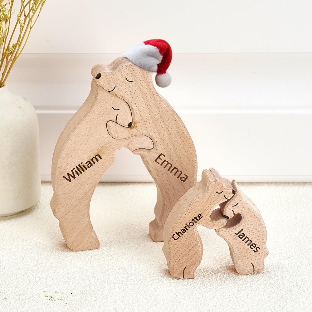 Personalized Wooden Bear Puzzle with Santa Hat and 1-8 Family Name, Custom Family Name Sculpture - Ideal for Christmas, Birthdays, Housewarming - Unique Wooden Decor Gift for Mom and Dad - WoodArtSupply