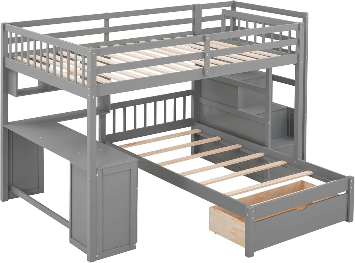 MERITLINE Full Over Twin L Shaped Bunk Bed with Stairs and Desk,Solid Wood L-Shaped Bunk Bed with Storage Drawers,Shelves,Ladder,Headboard and Guardrail,No Box Spring Needed (Grey) MERITLINE