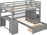 MERITLINE Full Over Twin L Shaped Bunk Bed with Stairs and Desk,Solid Wood L-Shaped Bunk Bed with Storage Drawers,Shelves,Ladder,Headboard and Guardrail,No Box Spring Needed (Grey) MERITLINE