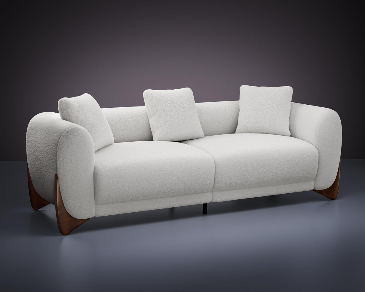 Morden Fort Modern Cloud Couch - 3 Seater Boucle Sofa with Crescent Wood Legs, Ultra-Thick High Resilience Cushion with 3 Matching Pillows Upholyster Comfy Couch Sofa for Living Room - Off White Morden Fort
