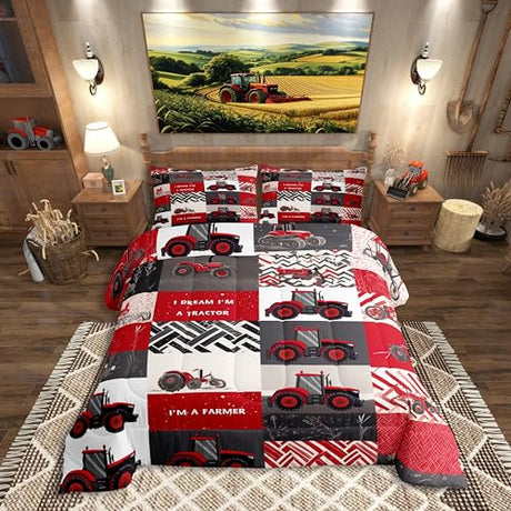 Erosebridal Kids Tractor Comforter Set for Boys Girls Red Cartoon Tractor Bedding Set Twin Farm Vehicle Truck Down Comforter Equipment Construction Duvet Insert Rustic Geometric Plaid Room Decor Erosebridal