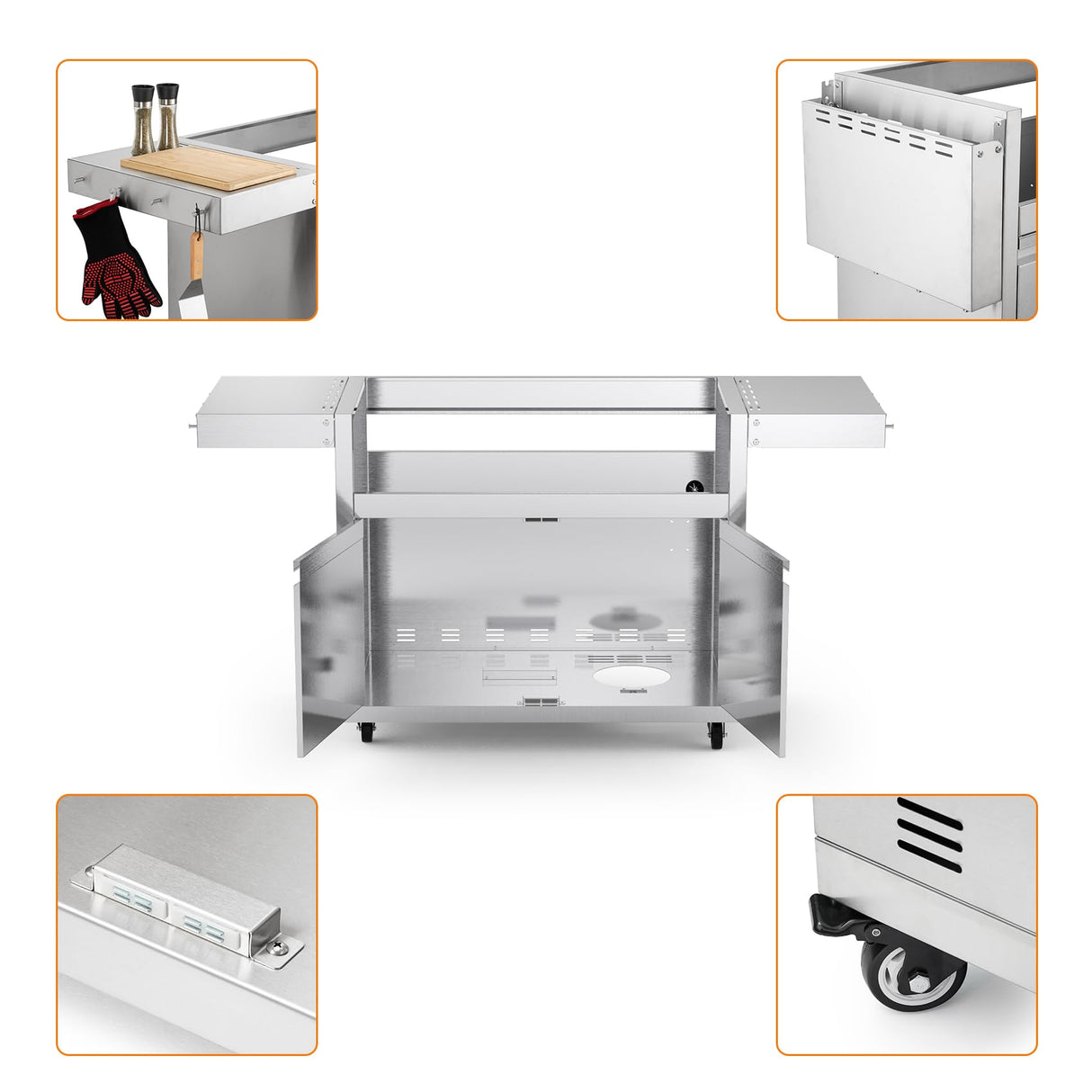 Stainless Steel Grill Cart for Hygrill 5-Burner Built-in Gas Grill, Outdoor Kitchen Island with Foldable Side Shelves and Storage Cabinet Stanbroil