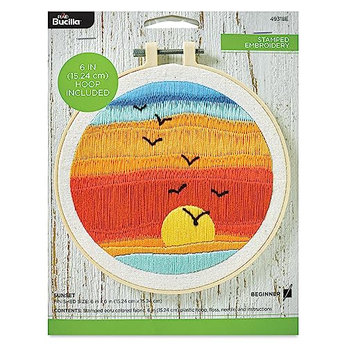 Bucilla 6" Stamped Embroidery Kit, Sunset, Includes Fabric, 6” Plastic Hoop, Floss, Needle and Instructions, 49318E