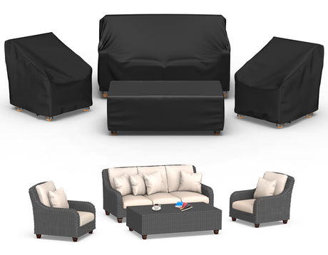 Mrrihand Patio Furniture Covers, 4 Piece Outdoor Furniture Cover Waterproof includ Ourdoor Sofa Cover, 2 Chair Covers, Coffee Table Cover with Windproof Buckle Strap and Adjustable Drawstring Mrrihand