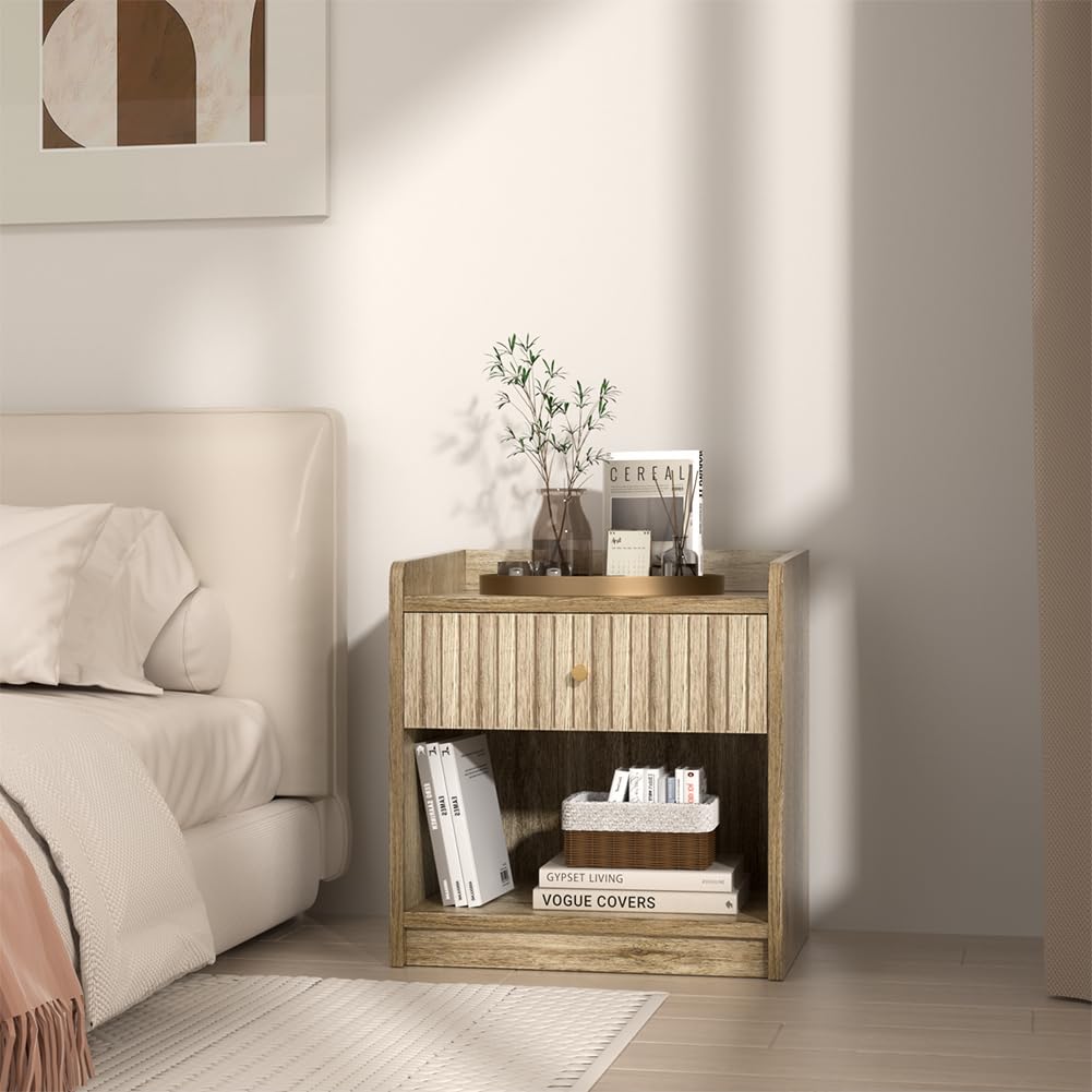 Nidouillet Nightstands Set of 2, Bedside Tables with Drawer, Night Stand Bed Side End Table with Open Storage for Farmhouse Bedroom Living Room Small Space Nidouillet