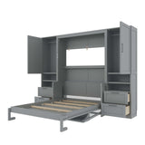 Merax Full Size Murphy Bed with Desk, Space-Saving Wall Bed Frame with Closet, Drawers and Shelves, Multifunctional Foldable Platform Bed for Small Spaces Studio Study Office Guest Room, Gray Merax