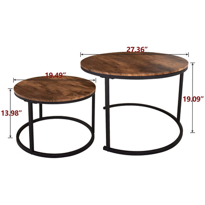 HOJINLINERO Industrial Round Coffee Table Set of 2 End Table for Living Room,Stacking Side Tables, Sturdy and Easy Assembly,Wood Look Accent Furniture with Metal Frame,Black+Rustic Brown - WoodArtSupply